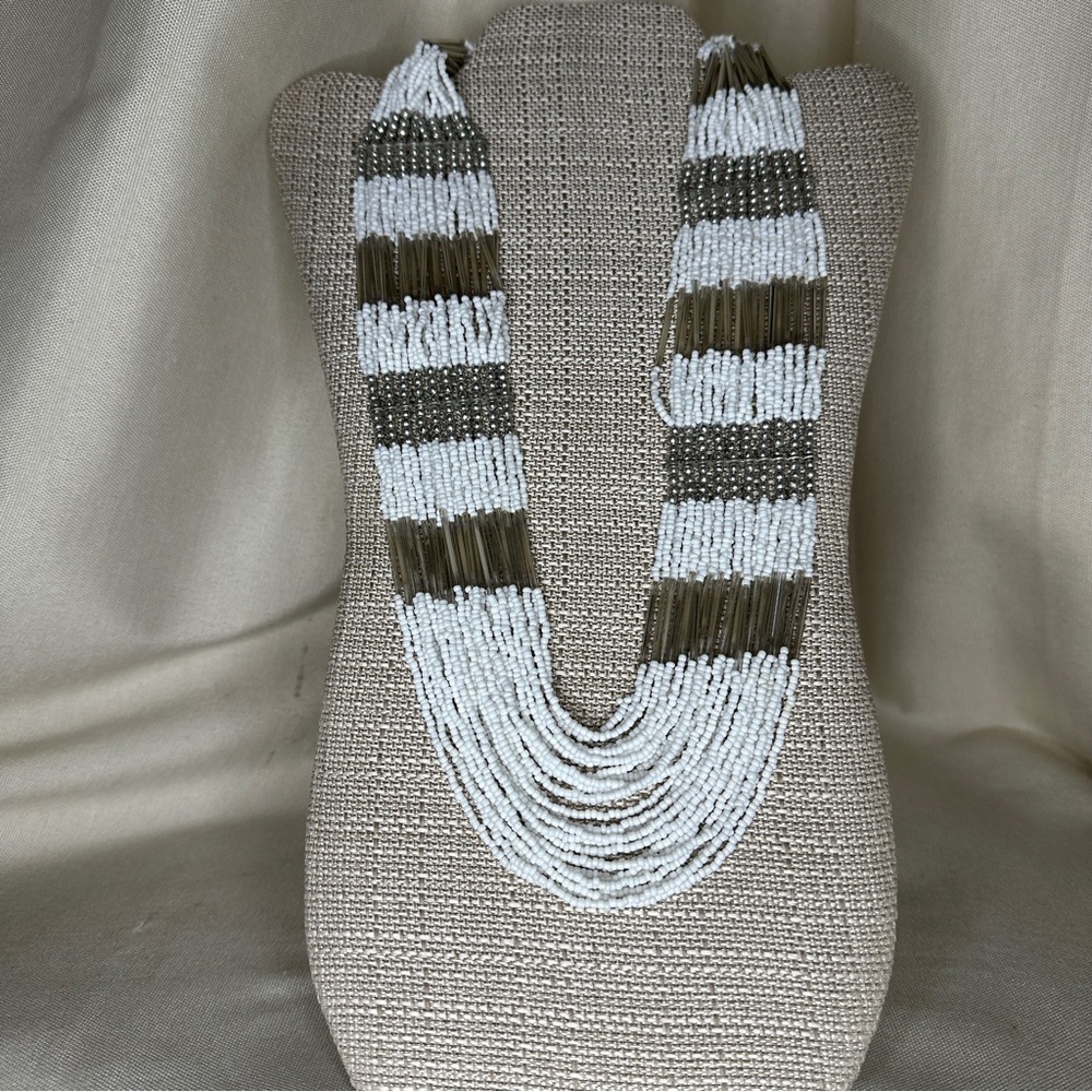 Boho Beaded Layered White and Metallic Multi-Strand Necklace Tribal Coastal